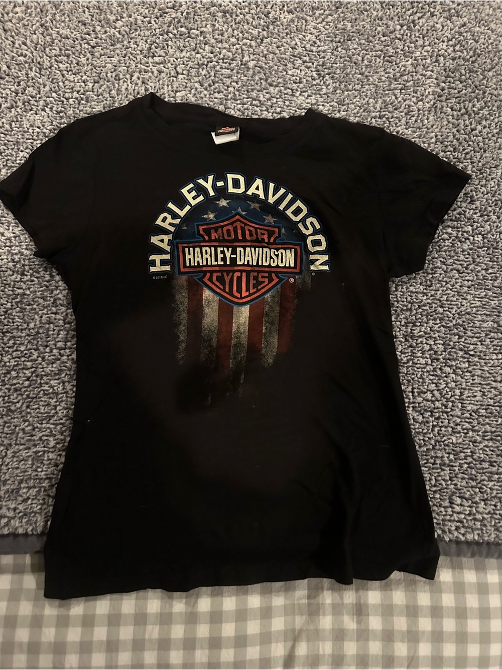 Harley-Davidson Black Tee with Red and Blue flag Shield Logo